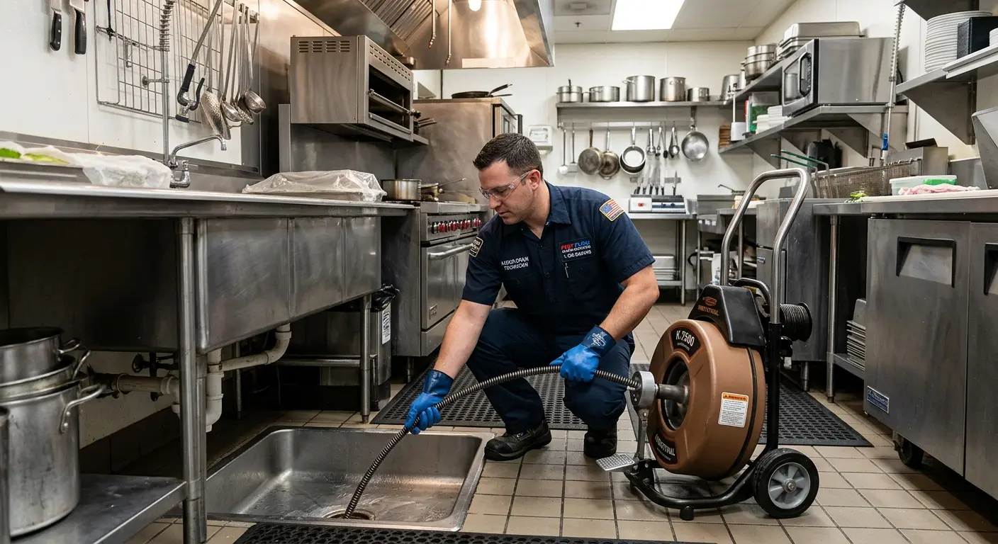 Commercial drain cleaning service in a restaurant kitchen in Toccoa