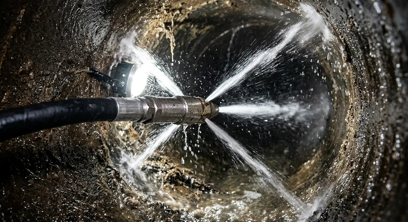 High-pressure hydro jetting nozzle cleaning sewer pipe for Emergency Drain Service in Toccoa